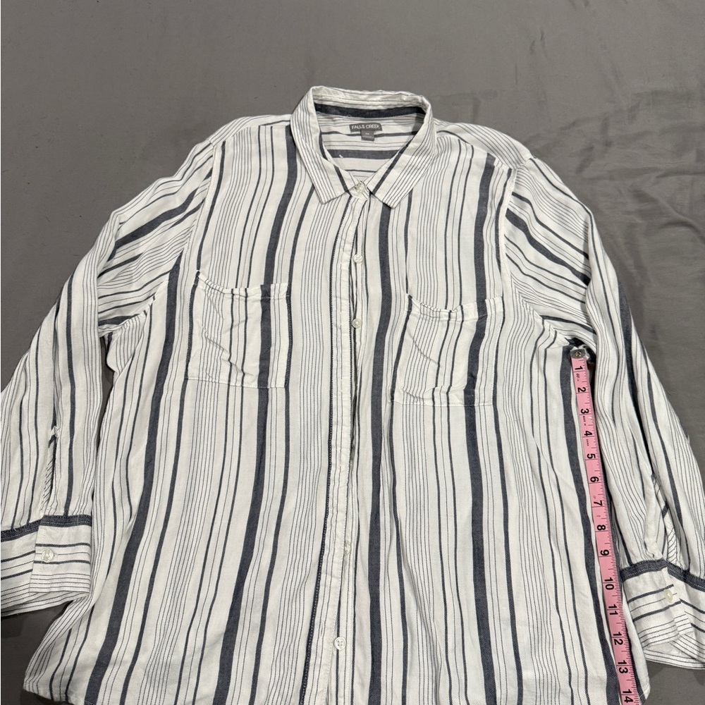 Falls Creek Women's White and Navy Striped Button-Down Shirt